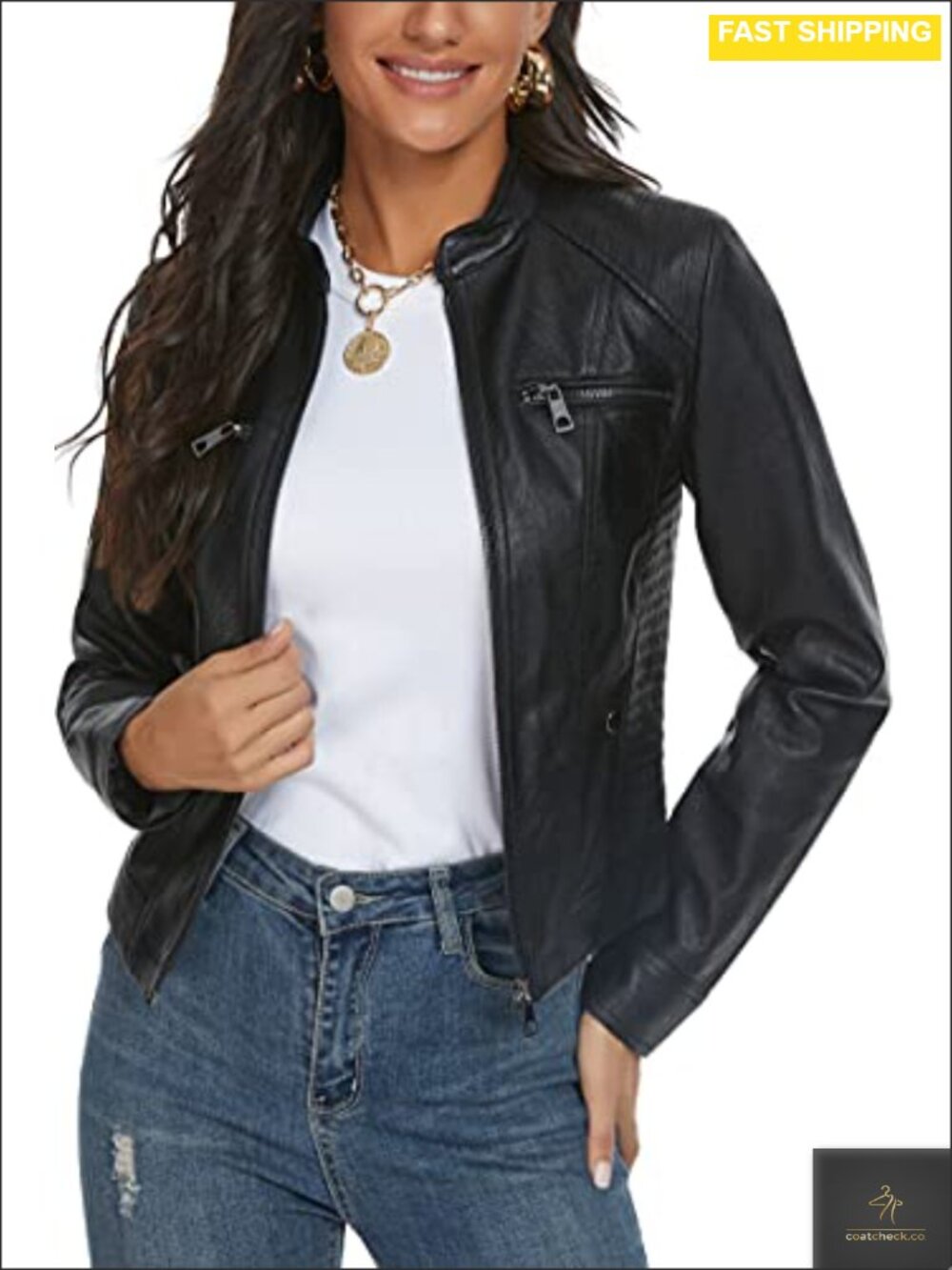 Faux Leather Moto Biker Jacket Women Stand Collar Slim Vegan Coat
